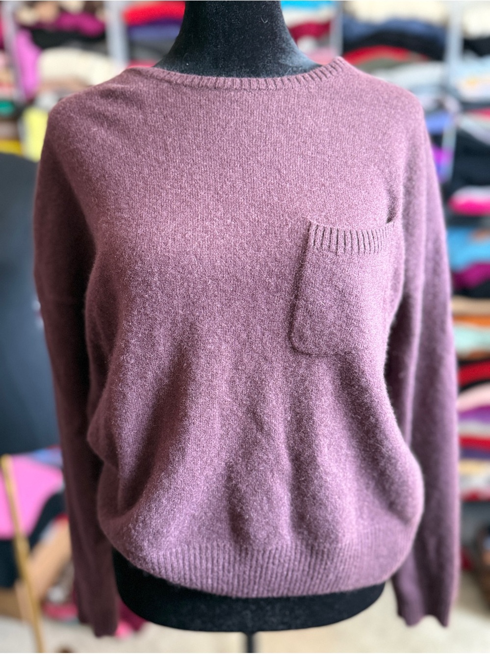 Splendid Dusty Mauve Crewneck Cashmere Sweater with Chest Pocket